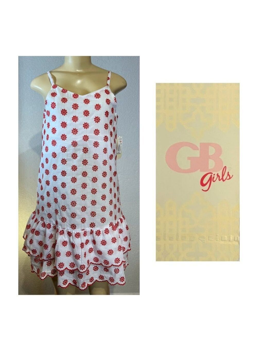 NWT GB Girls - Red & White Cotton Embroidered Dress, Multiple Sizes